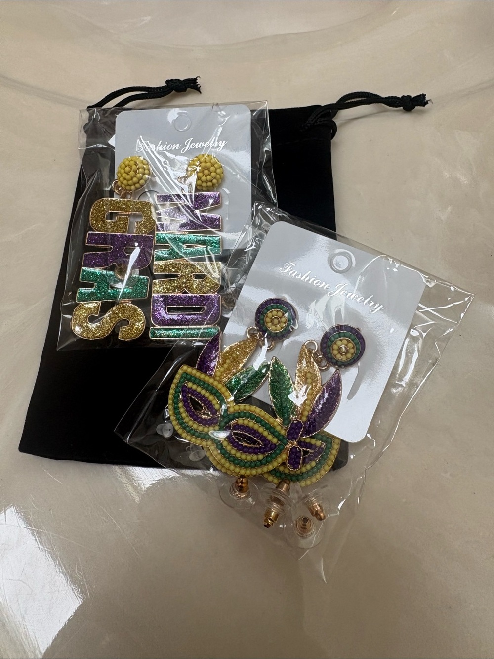 Beaded Mardi Gras Mask Drop Earrings - Green, Purple & Gold